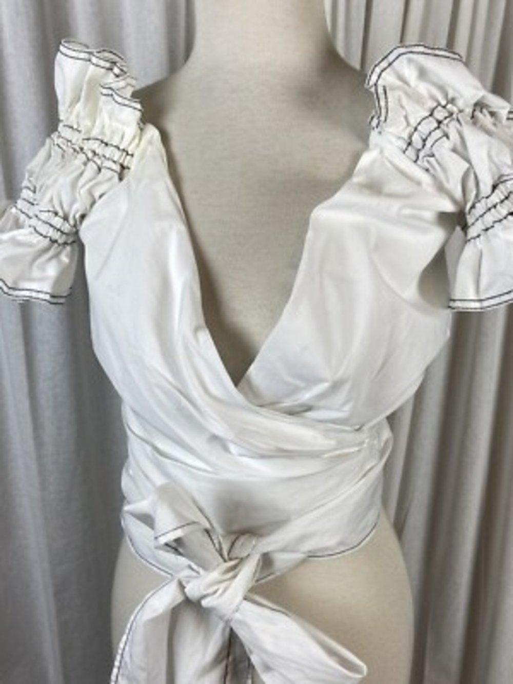 Jonathan Simkhai White Ruffle Wrap Top Black Contrast Stitching Size L
